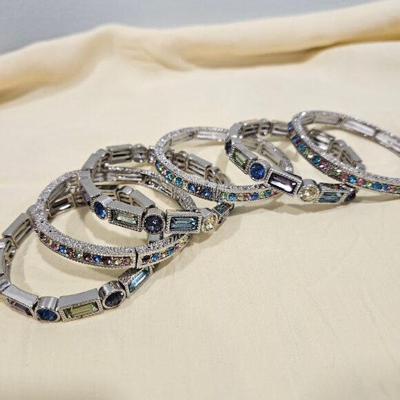 Off Park Collection Multicolor Crystal Silver tone Stretch Bracelet set of 6 - Picture 1 of 8